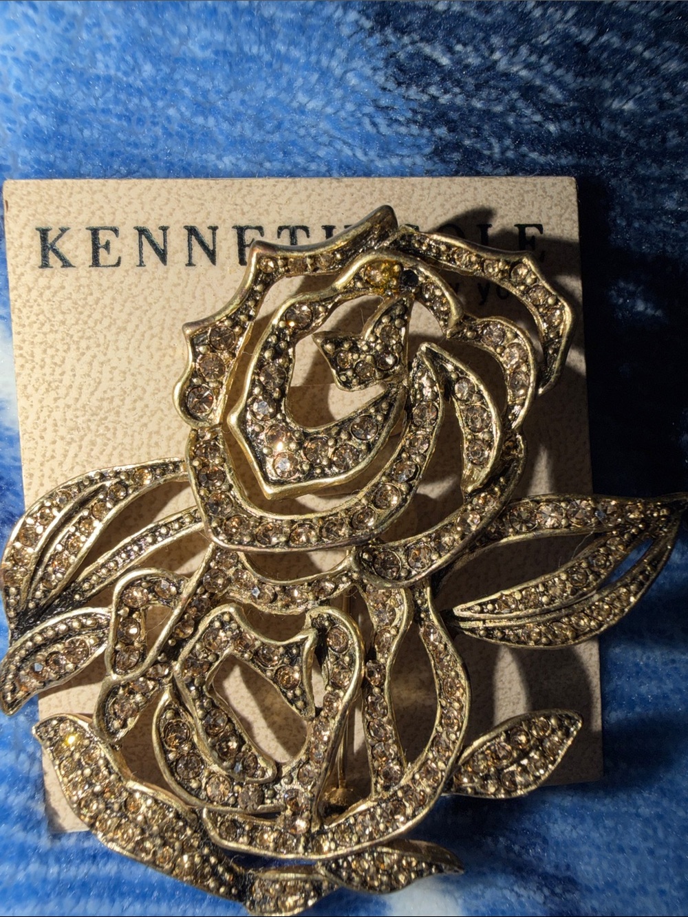 Kenneth Jay Lane Gold-Tone Floral Rose Brooch with Sparkling Rhinestones